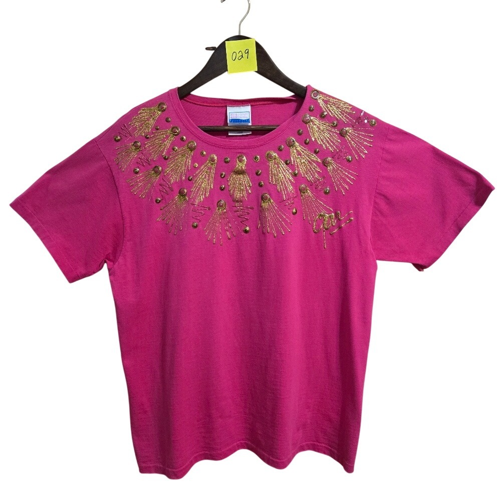 Vintage Hanes Her Way Pink Puff Paint Glitter T-Shirt Womens Large Made in USA